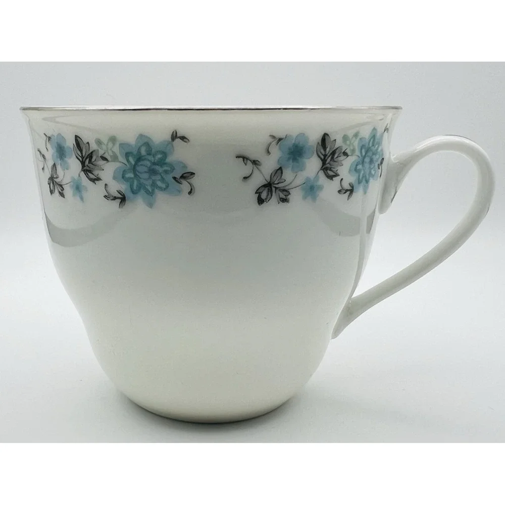 Vintage China Teacup Saucer Blue Silver Floral Porcelain Cottagecore Tea Set